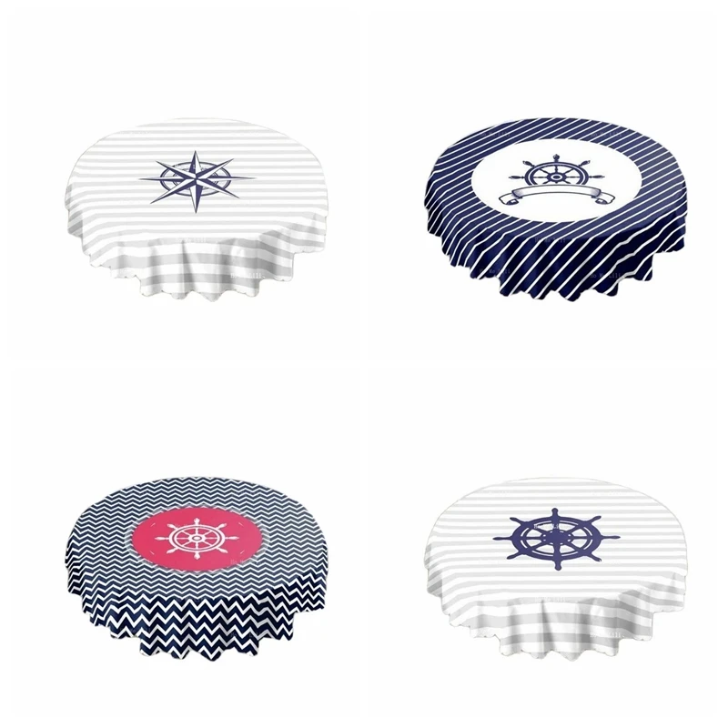 

Navy Wheel Print Coastal Compass Striped Circle Tablecloth Kitchen Decor