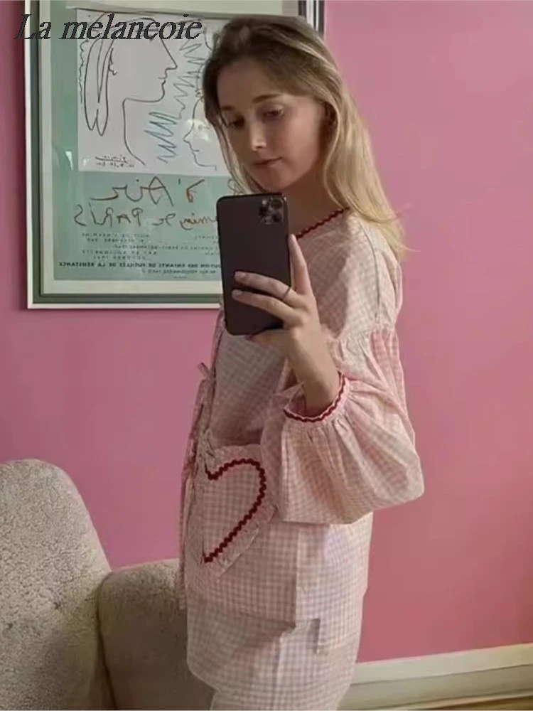 Женская свободная рубашка в клетку Повседневная блузка с завязкой форме сердца