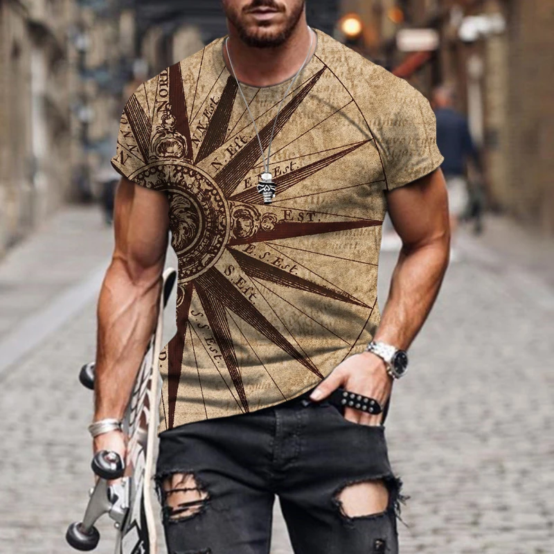 

New Fashion Men's Short Sleeve O Neck T Shirt Summer Casual Loose Fashion Navigation Map Print T Shirt Plus Size XXS-6XL