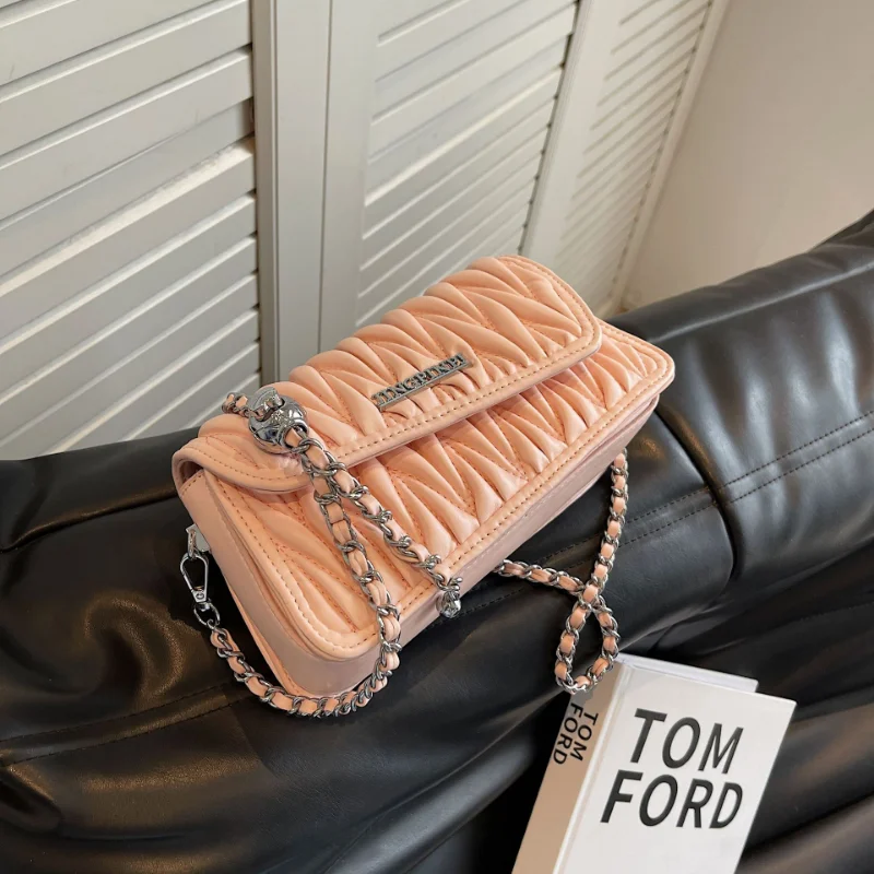 Luxury Pleated Chain Crossbody Bags for Women Pu Leather Shoulder Underarm Square Cute Lady Fashion Handbag Purse Summer Travel