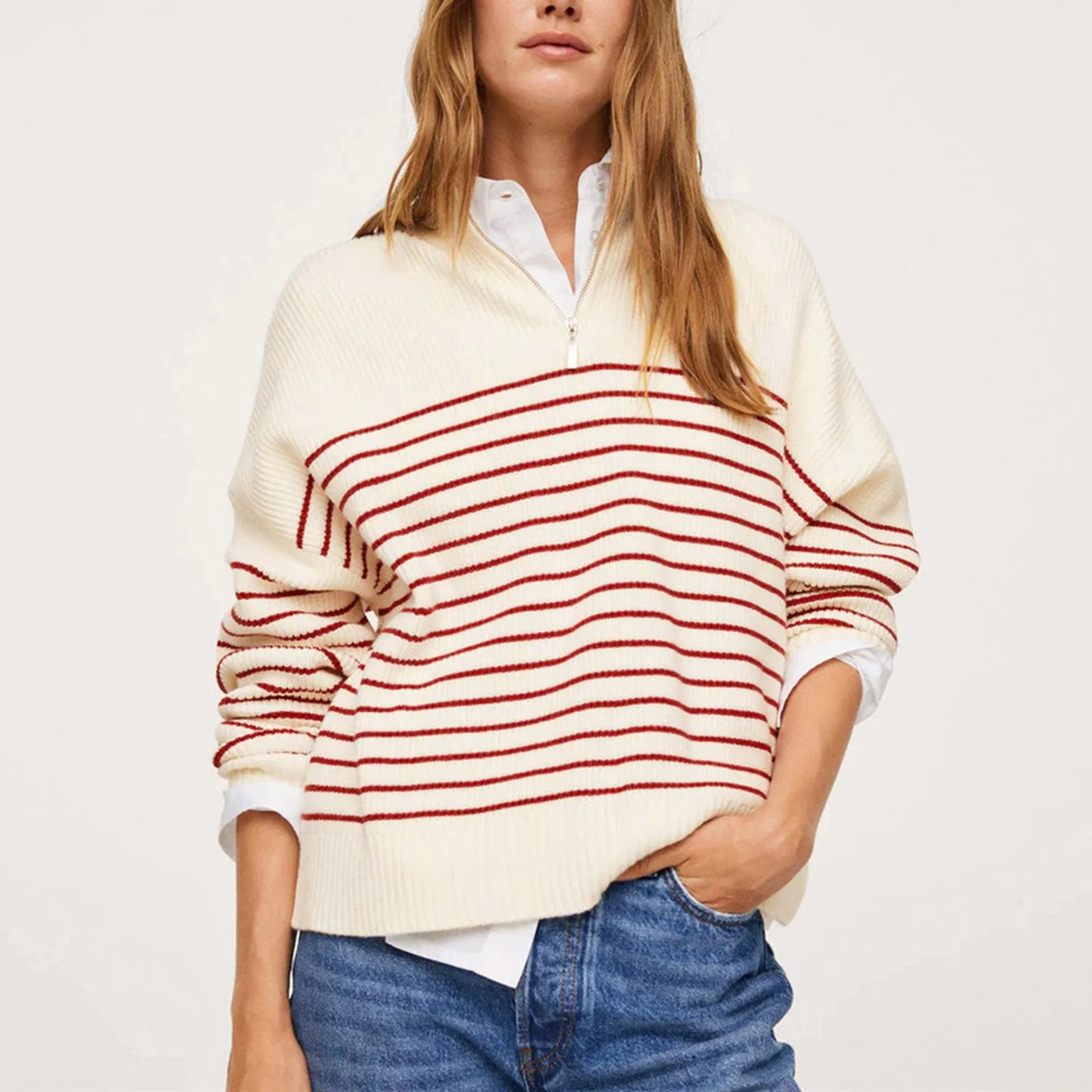 

New Women Loose Striped Asymmetry Knitted Sweaters Vintage Long Sleeve Zip-Up Female Fashion Pullovers Chic Sweater Tops