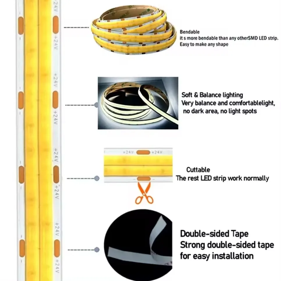 DC24V Двухрядная светодиодная лента COB Супер яркая высокая плотность 600LED/м Гибкая