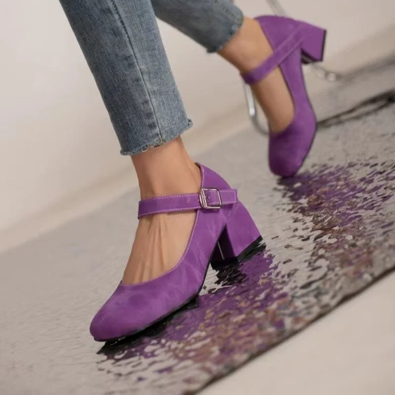 

Navy Blue Patent Leather Women Mary Jane Shoes Buckle Round Toe Square High Heels Pumps Ladies Office Dress Footwear