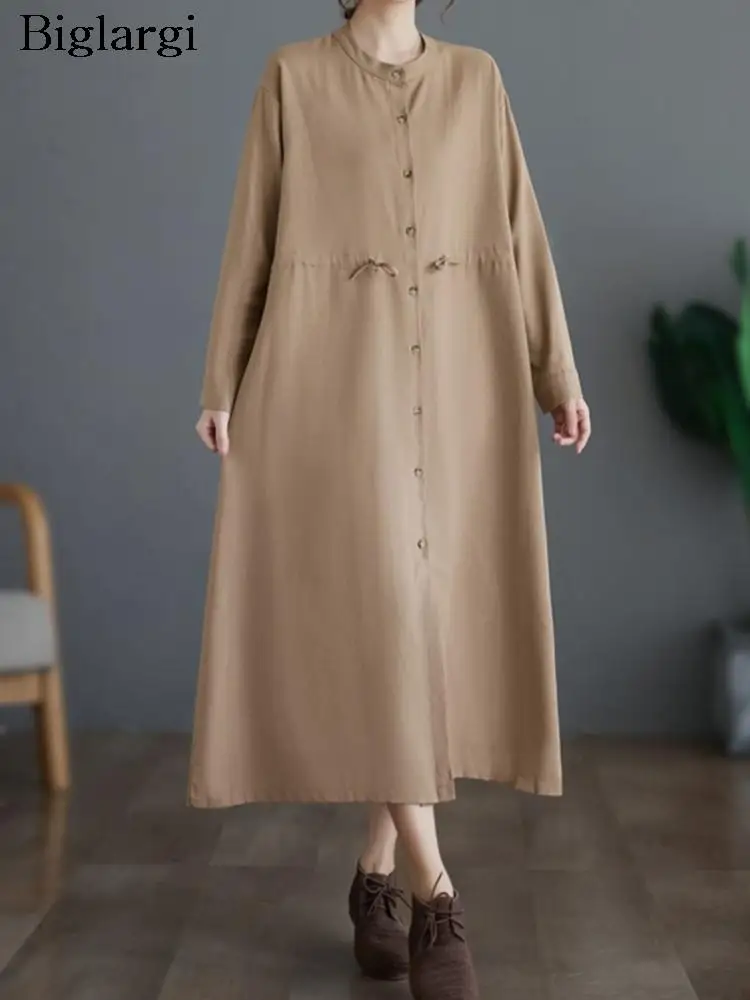 

Осеннее платье-рубашка большого размера из хлопка и льна, длинное платье, женское модное плиссированное платье с рюшами, свободное женское платье с длинным рукавом 2023