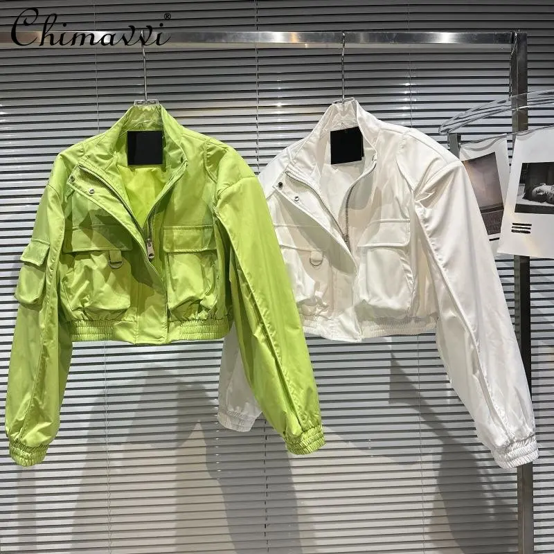 Spring Clothes New Fashion Big Pocket Design Stand Collar Color Jacket Streetwear Loose Long Sleeve Women's Coat All-match