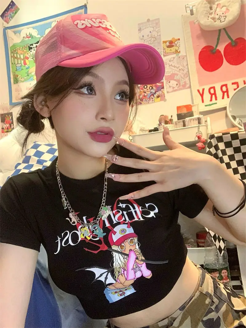 

Goth kawaii anime Print T-shirt Aesthetic Short Sleevle Sweats Tee Harajuku Streetwear grunge clothes Crop Top Women Y2K Clothes