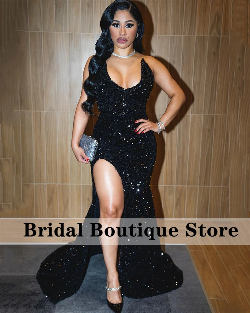 

Sparkly Black Sequins Mermaid Prom Dress 2023 Crystal Side Split Graduation Party Wedding Evening Gowns Robe De Bal