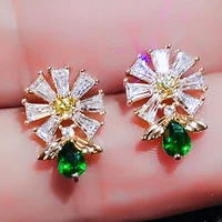 2022 new small daisy temperament earrings high end green flower shiny zircon earrings simple cold wind high quality earrings