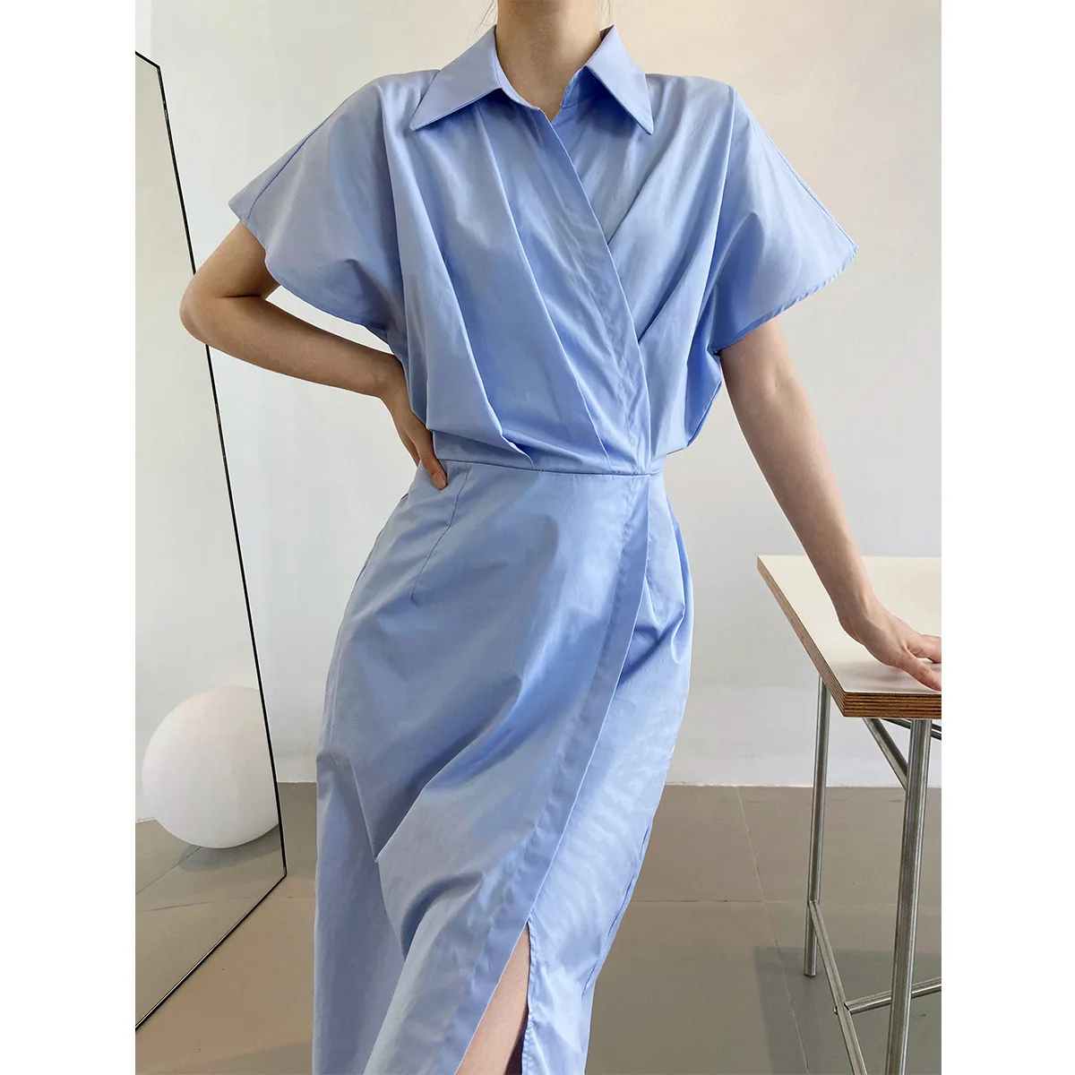 

French temperament careful machine shirt dress summer new right angle shoulder short sleeve waist shirt dress skirt