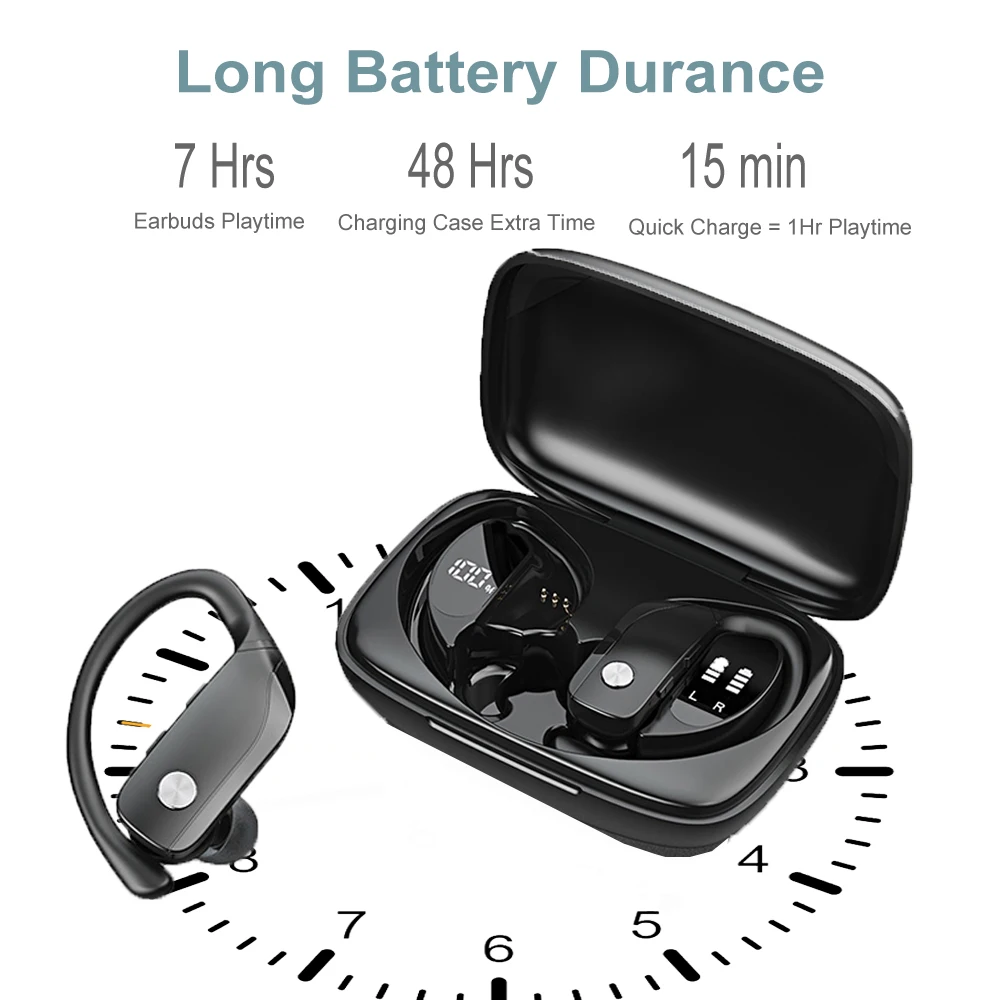 Bluetooth наушники True Wireless Earbuds с крючками для ушей для спорта, гарнитуры TWS с басами для игр и микрофоном, защитой IPX5 от воды.