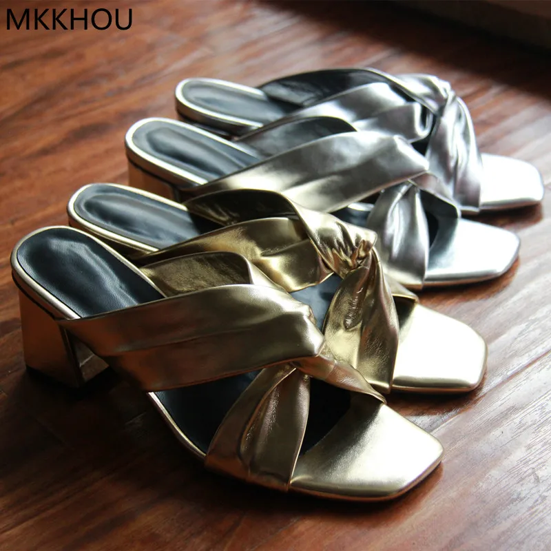 

MKKHOU Fashion Sandals Women New Original Private Custom Gold Shoes Thick Heel 8cm High Heels Summer Simple Women Slippers