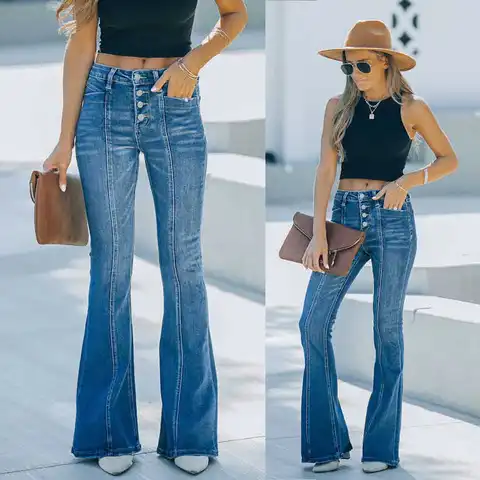 Women's Jeans 2023 New Casual Women's Pants Daily Commuter Pocket Button Elastic Micro Horn Slim Fit Stitching Women's Jeans