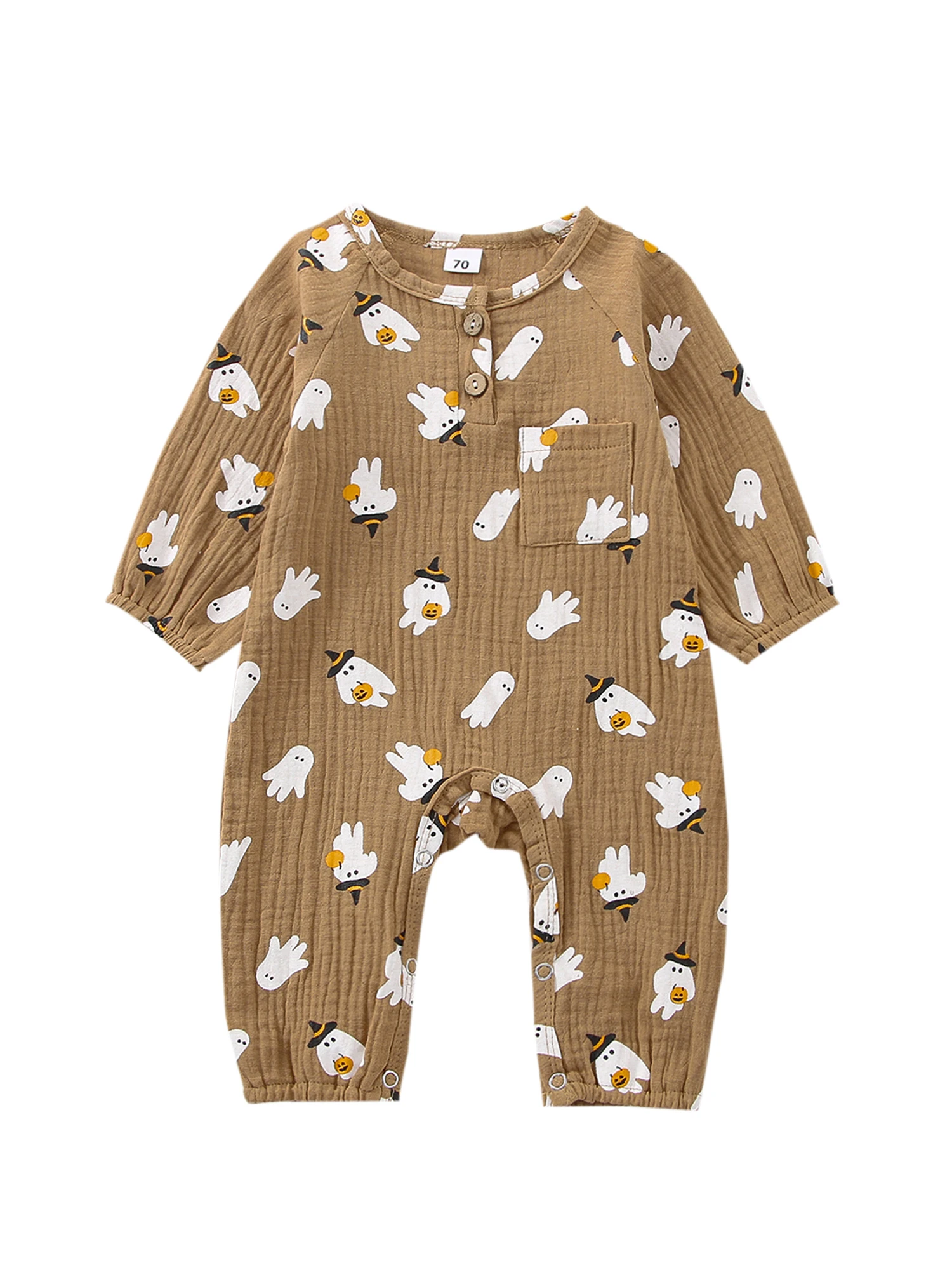 

Baby Romper Ghost Pumpkin Print O-Neck Long Sleeve Jumpsuit with Buttons and Pocket for Girls Boys 0-18 Months