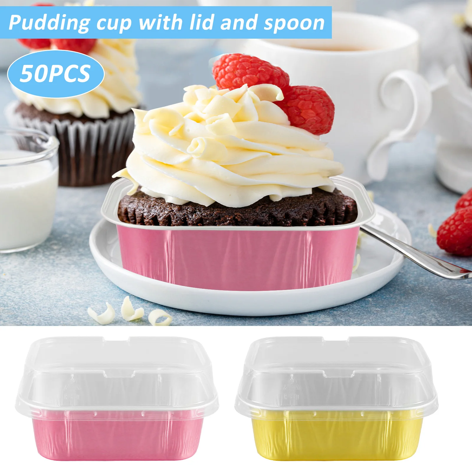 

50Pcs Aluminum Foil Cupcake Container 150ml Waterproof Foil Baking Cups with Lids and Forks Rectangle Mini Loaf Pan Reusable