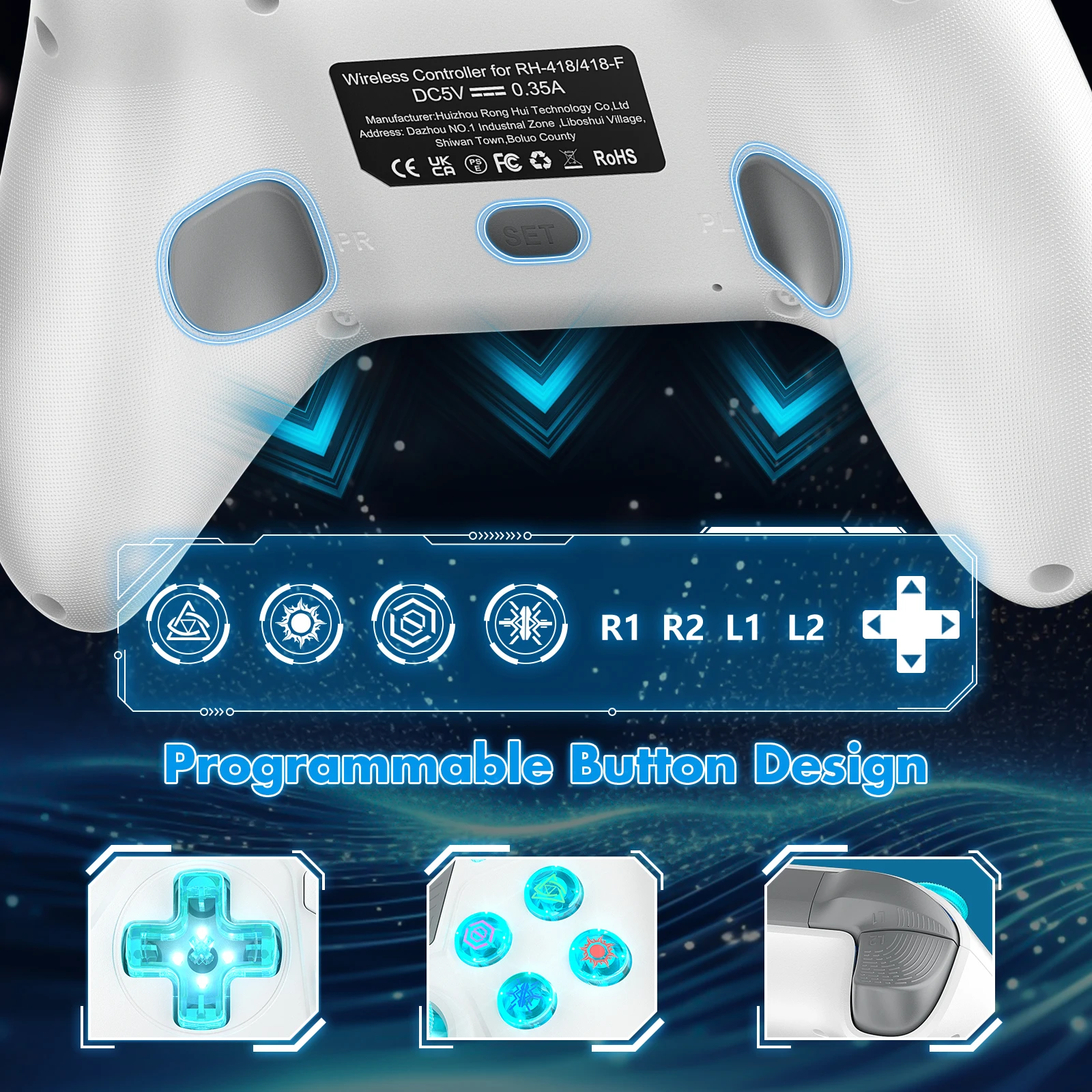 Фото Беспроводной контроллер для консолей PS4, совместимый с PS4 Slim/Pro/PC, поддерживает функцию Turbo и RGB-подсветку кнопок. №5