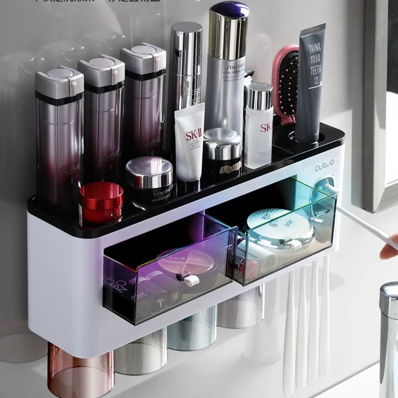 bathroom accessories set magnetic adsorption inverted toothbrush holder automatic toothpaste dispenser squeezer storage rack free global shipping
