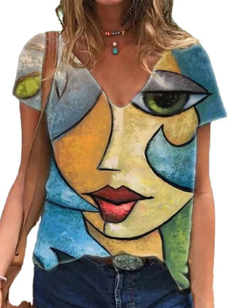

VIIANLES Women 3D Abstract Beauty Face Print Tops Summer Casual V Neck Tshirt Loose Female Tee Streetwear Short Sleeve Clothes