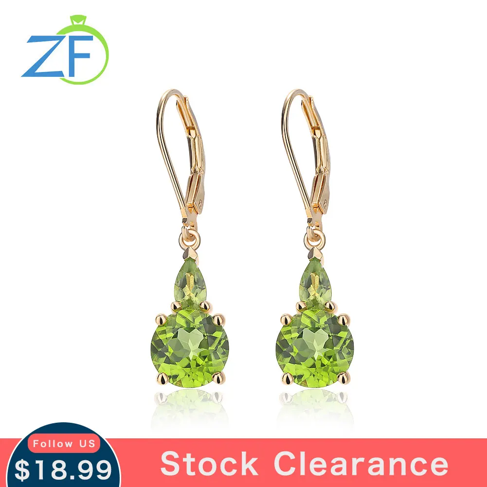 

GZ ZONGFA Genuine 925 Sterling Silver Drop Earrings for Women 3 Carats Round Natural Peridot 14K Gold Plated Gem Fine Jewelry