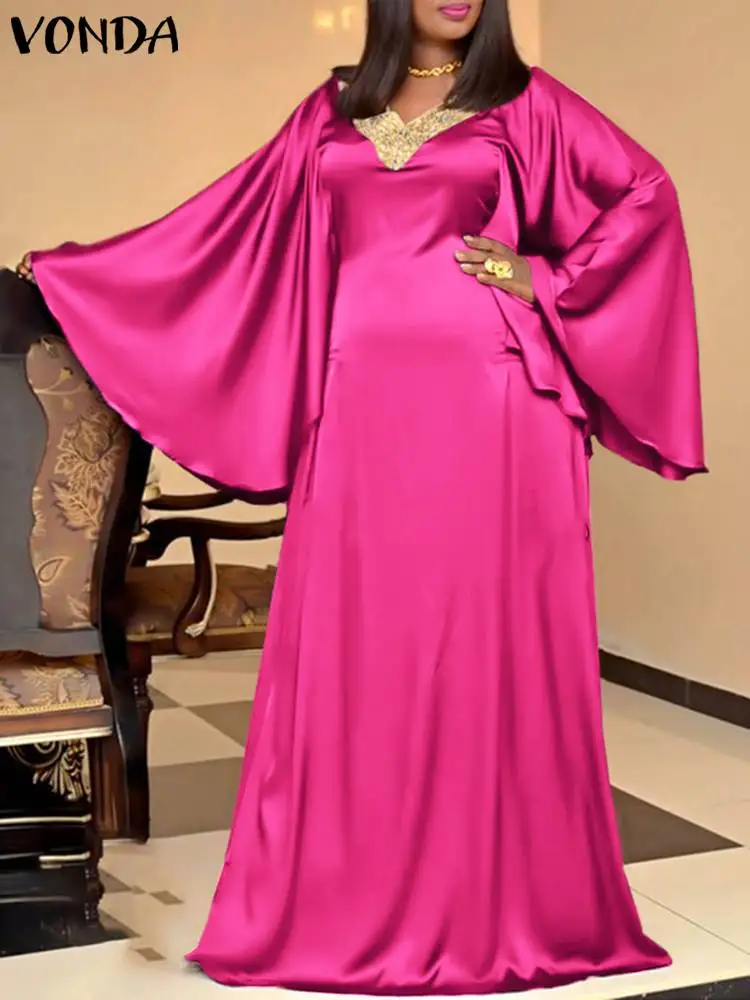 

Модное женское вечернее платье VONDA 2022 в стиле оверсайз из полиэстера, вечерние Плиссированные Макси-платья, женский сарафан с длинным рукав...