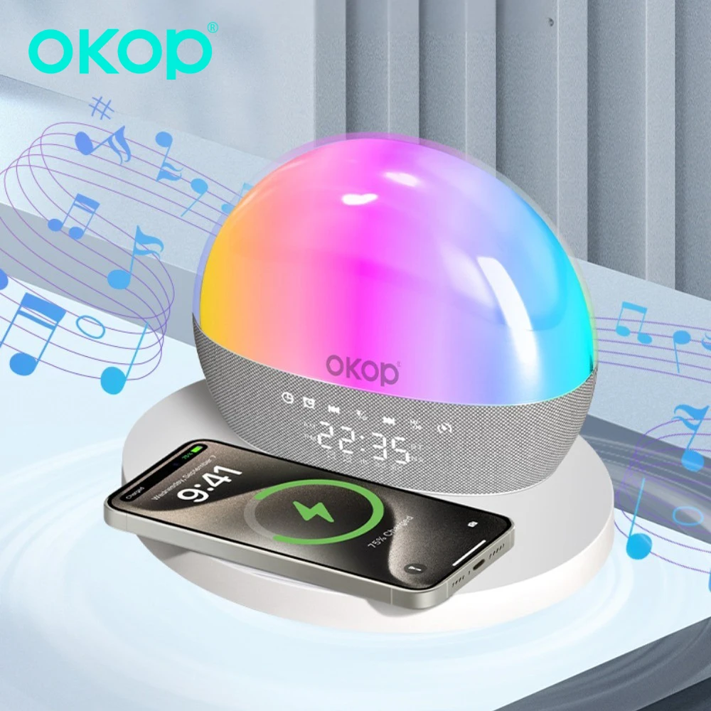 Фото OKOP Настольный Bluetooth-динамик 15 Вт Беспроводная зарядка Будильник Таймер RGB Атмосфера Свет Белый шум Музыка Вечеринка домашний кинотеатр №4