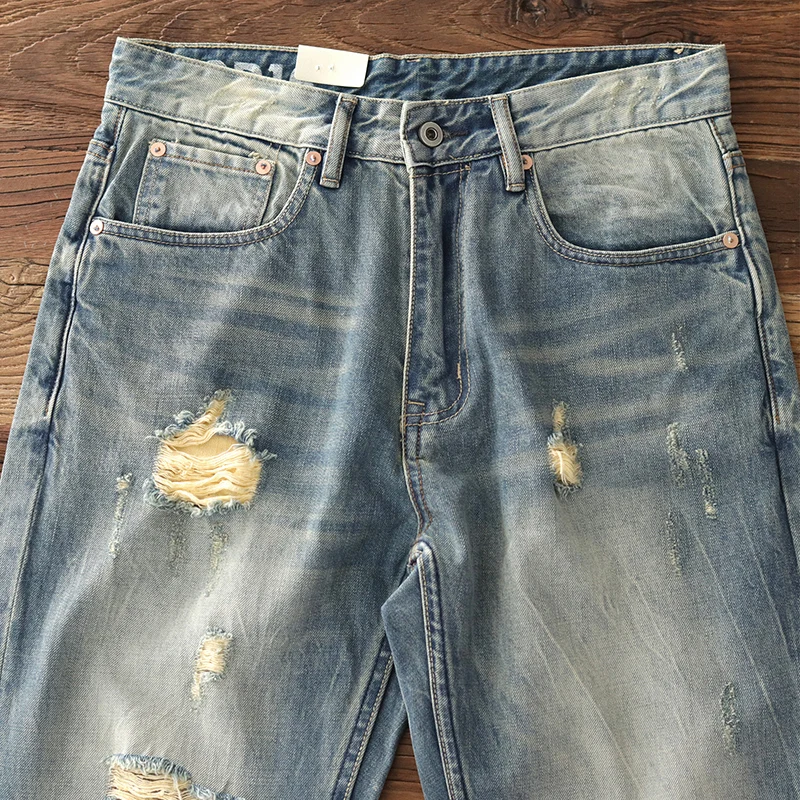 Torn jeans straight tube loose wash do old spring and autumn new n style retro zipper casual pants for men