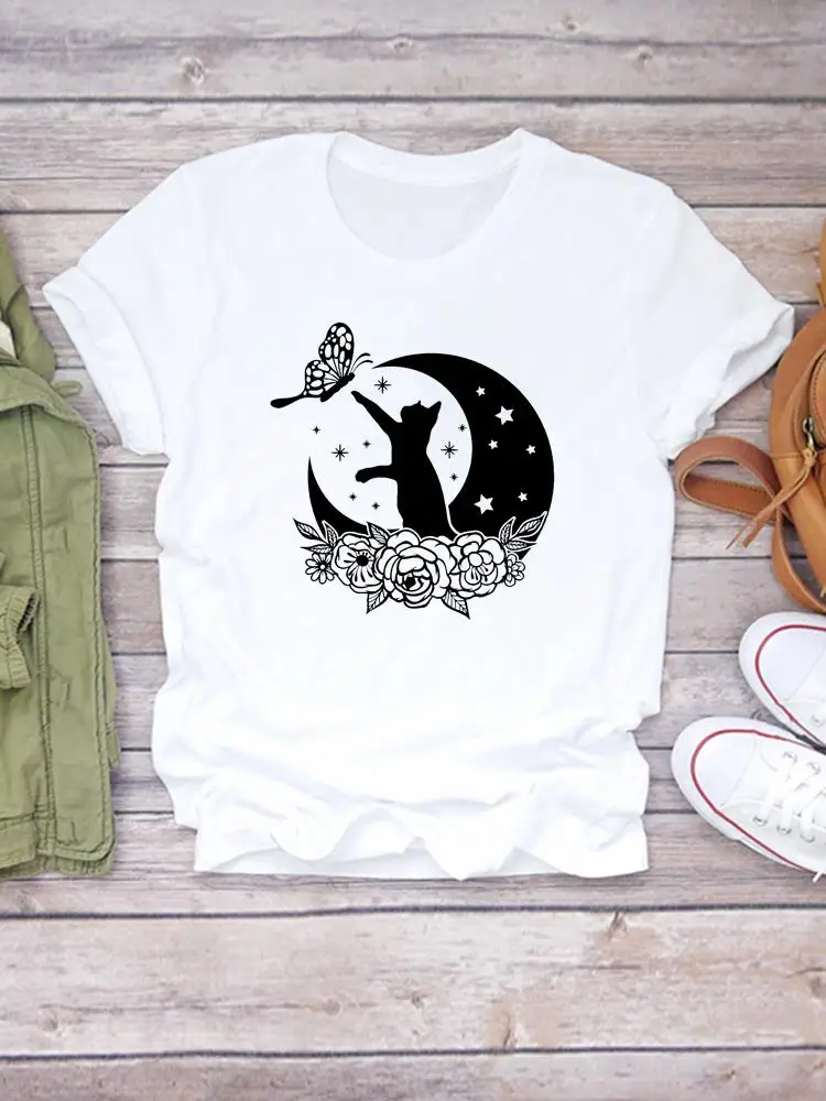 

Трендовая летняя одежда с рисунком кошки Луны бабочки, футболка с графическим принтом, женская футболка с принтом, повседневные модные футболки, футболка