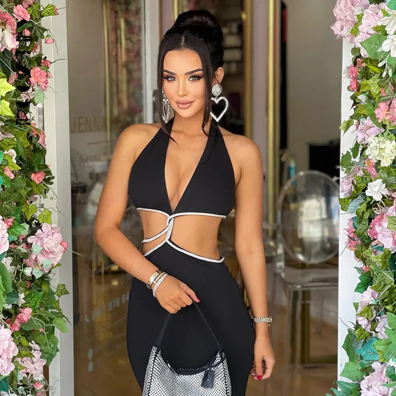 

BoozRey Black Sexy Halter Cut Out Maxi Dress for Women Summer Rave Festival Outfits Straps Sexy V Neck Skinny Wrap Dresses