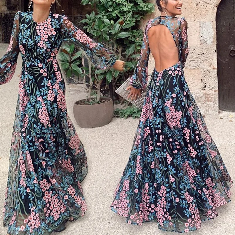 

Maxi O-neck Floral Printed Autumn Sexy Long Sleeve Dress 2022 Women Casual Slim Waist Backless Sheer Sleeve Tunic Pretty Retro