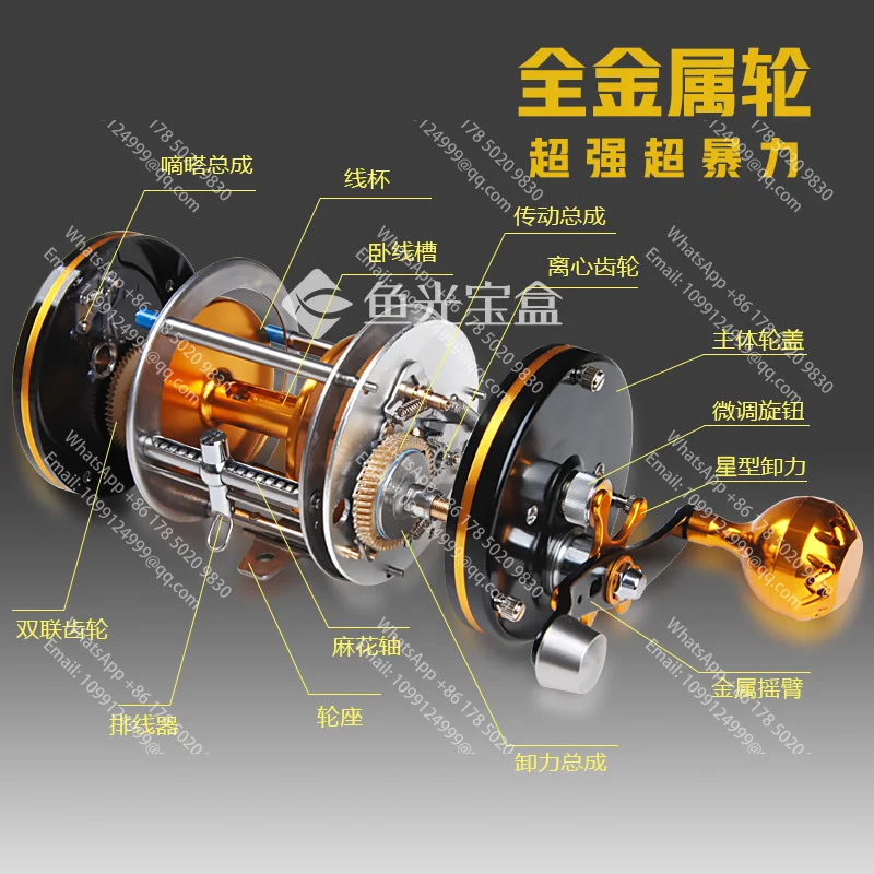 Фото Рыболовная катушка All-metal Visual Anchor Fish M12000 для барабанной ловли, 10000, с защитой от перетягивания лески, S9000, люкс, черная/золотая, новая №3