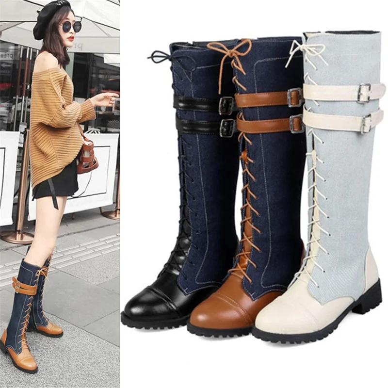 

Denim riding boots long boots women's boots British color block leather square heel medium heel high boots