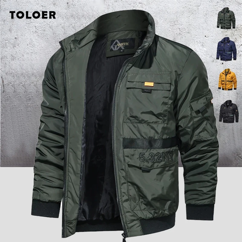 

2022 Casual Men's Bomber Jacket Stand Collar Fashion Spring Autumn Men Jackets Multi Pockets Pilot Coat Solid Military Jacket