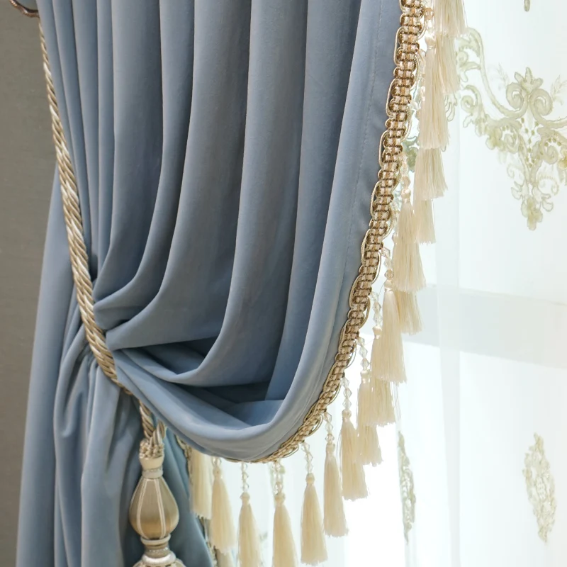 

Modern European Luxury Curtains for Living Room Bedroom Blue Velvet Spliced Tassel Curtain Flat Valance Embroidered Tulle Custom