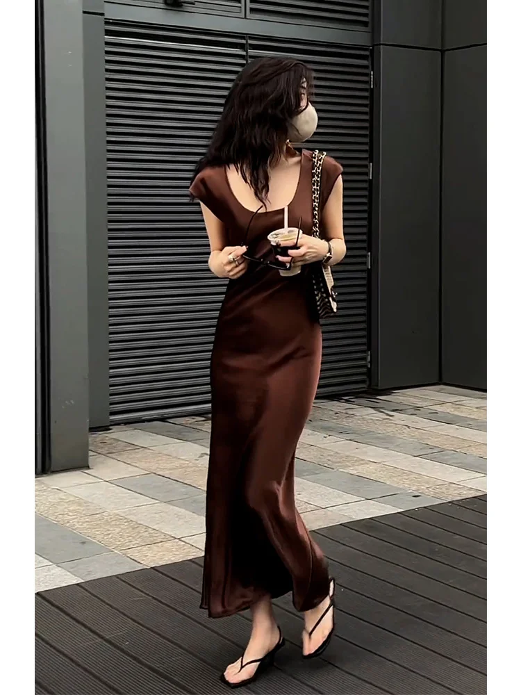 High quality and powerful aura, women's long dress, high-end and exquisite dress, brown satin acetate dress, summer