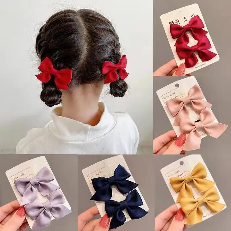 

2Pcs/Set Cute Bow Hair Clips for Girls Hair Accessories Solid Color Hairpin Duckbill Clip Children Simple Bangs Clip Headdress