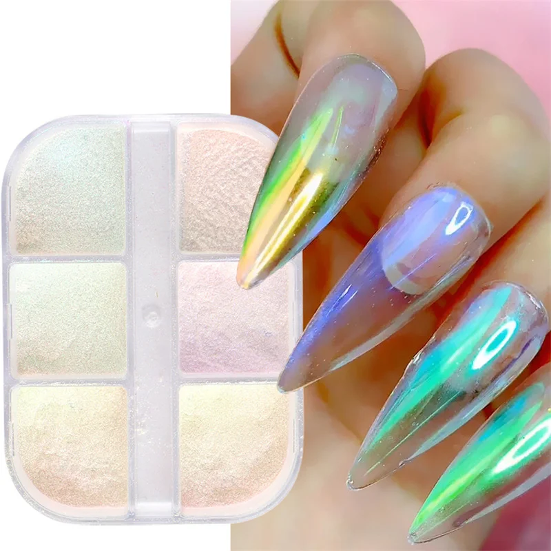 

6pcs/1pcs Shimmer Aurora Pearl Nail Glitter Powder Neon Mermaid Rubbing Dust Nail Chrome Mirror Pigment Holographic Nail Polish