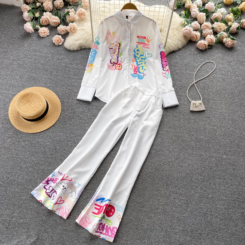 

VANOVICH Summer New Letter Printing Fashion Long-sleeved Polo-neck Shirt Women's High-waisted Slim Wide-leg Pants Two-piece Set