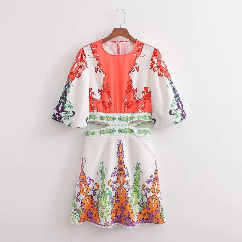 

Женское платье с принтом, ажурное платье с коротким рукавом и круглым вырезом, лето 2022