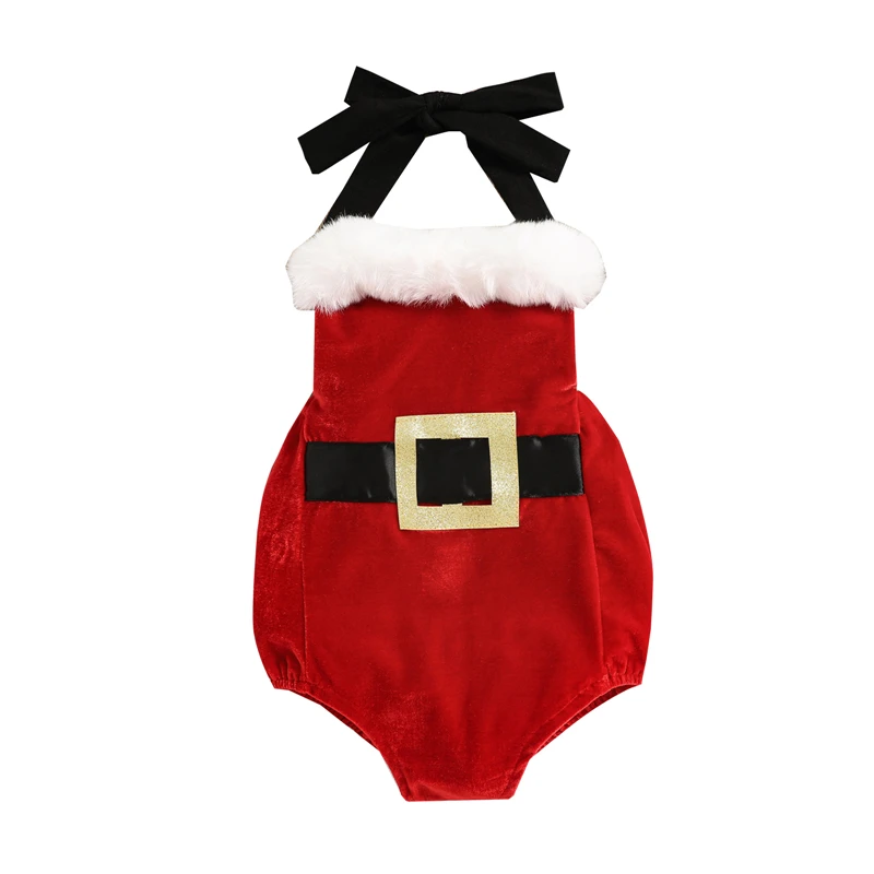 

Baby Bodysuit Christmas Clothes Winter Infant Santa Claus Neck Hanger Plush Edge Backless Shorts Jumpsuit with Waist Belt Decor