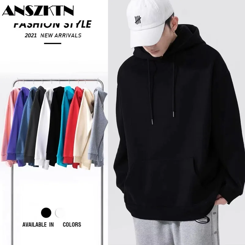 

ANSZKTN Men solid color hooded couple unisex hoodie women spring loose off shoulder coat hooded sweater