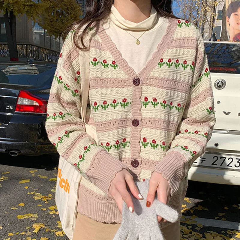 

Korean Style Sweet Hollow Out Flower Printed Cardigan Women Fashion Loose Knit Sweater Casual Long Sleeve Cute Knitwear 29159
