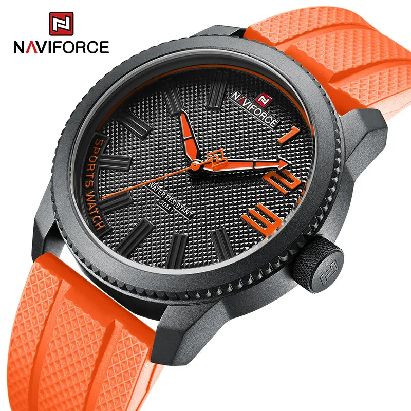 Фото Часы NAVIFORCE Мужские кварцевые, популярные модные повседневные водонепроницаемые наручные, с силиконовым ремешком, оранжевые №1