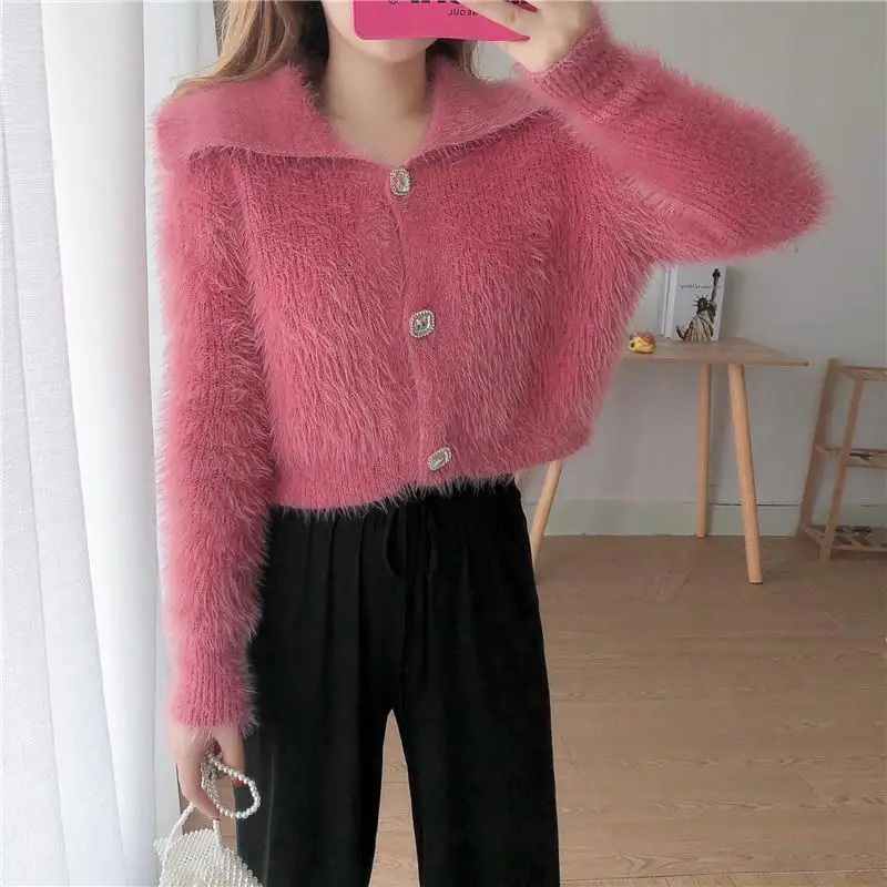 

Women's Knitting Cardigans Sweater 2022 Autumn and Winter New Turn Down Collar Short Knitted Sweaters Female Knitwear J84