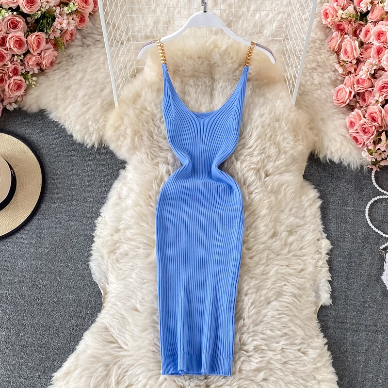 

Sheath Knit Camis Dress Girls Sexy Bodycon Stretchy Solid Mini Chain Spaghetti Straps Sweater Dresses For Women Summer