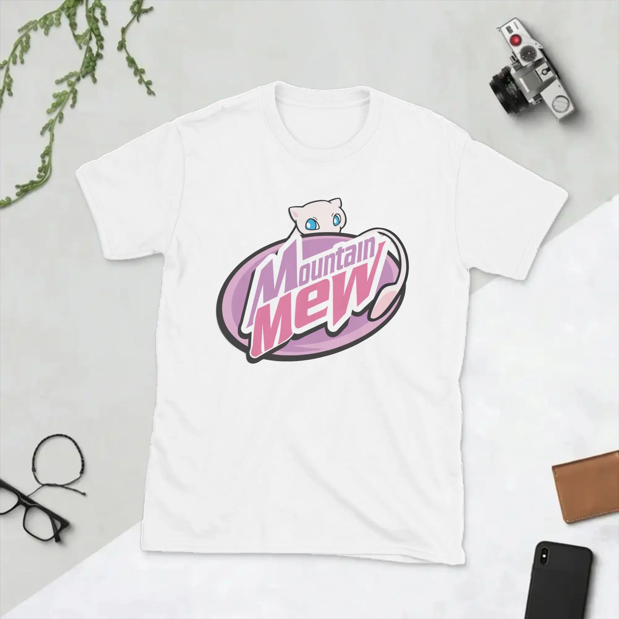 Фото Мужские футболки Pokemon Mountain Mew, винтажные футболки с короткими рукавами и круглым вырезом, футболки из чистого хлопка, топы больших размеров №1