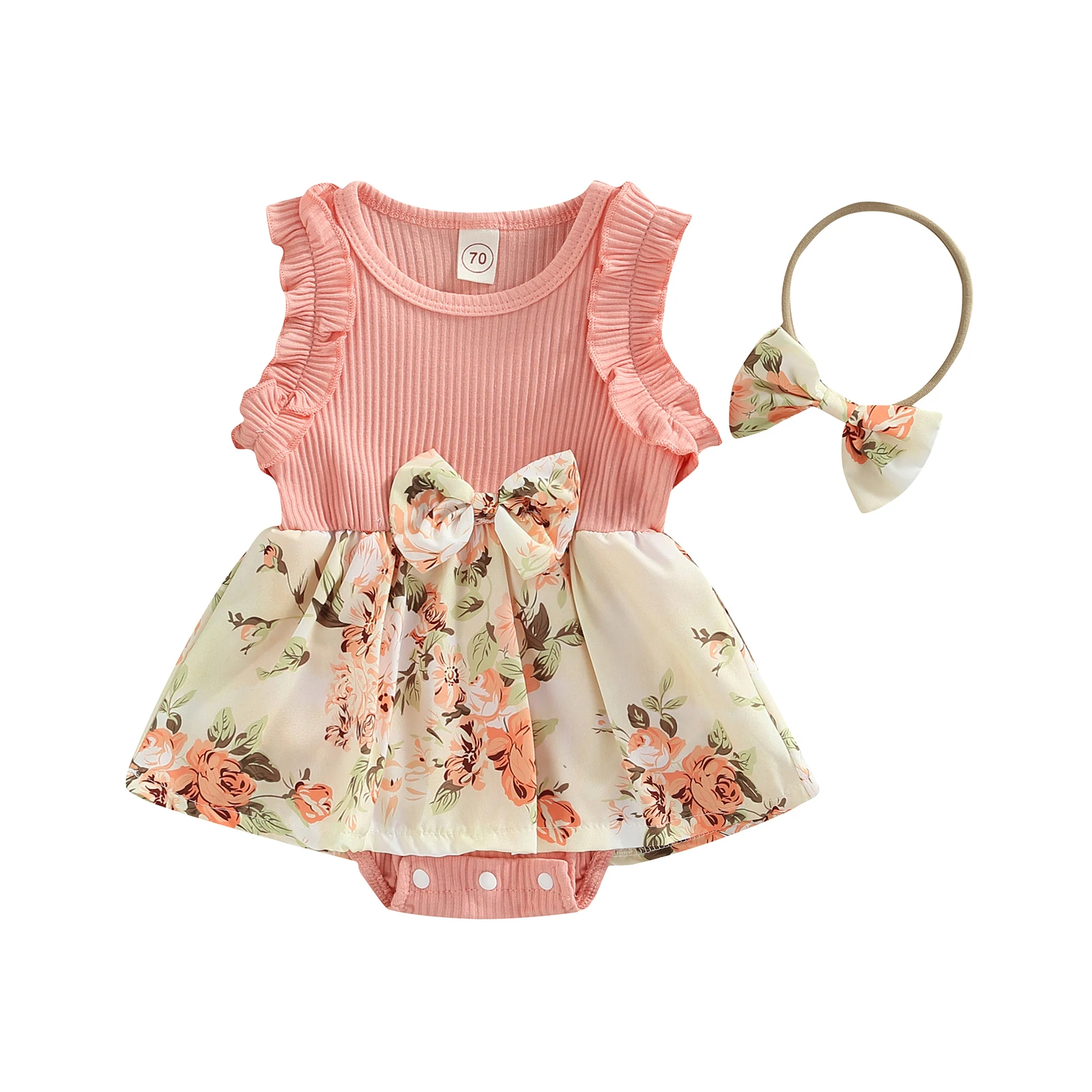 

Baby Girls Summer Romper with Headband, Sleeveless Ribbed Crew Neck Floral Dress-Like Romper, Infant Girl Snap Triangle Jumpsuit