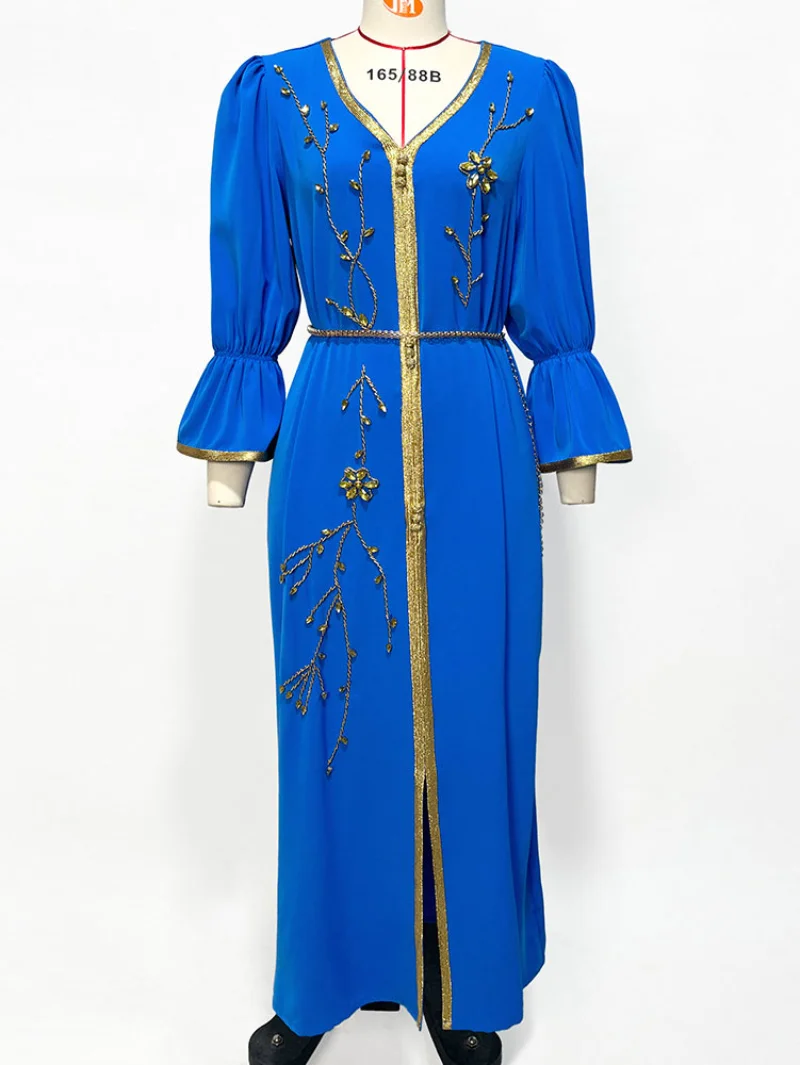 Party Abaya Handsewn Rhinestone Belted Moroccan Evening Kaftan Gulf Jalabiya Muslim Arabic Occasion Long Dress for Women Ramadan