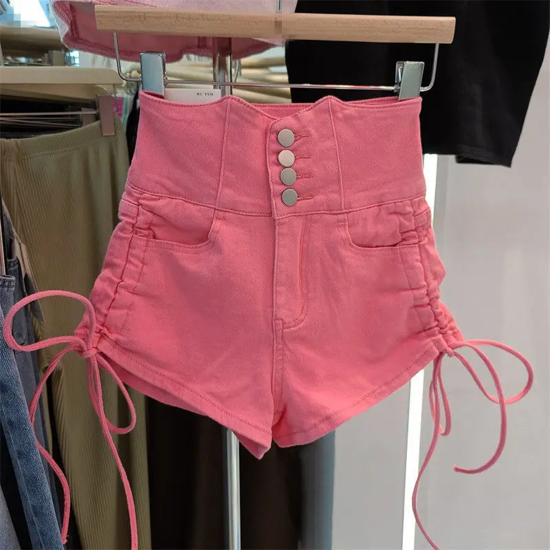 Pink denim shorts 2021 new summer dress Western style single-breasted high-waisted wide-leg pants all-match loose A-line hot