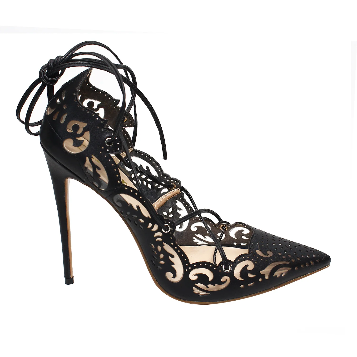 

Summer Female Slip on Shoes Fashion Lace up Hollow Stiletto Heel Mesh Pumps Women Party Pointed Toe Thin Heel Strappy Pumps