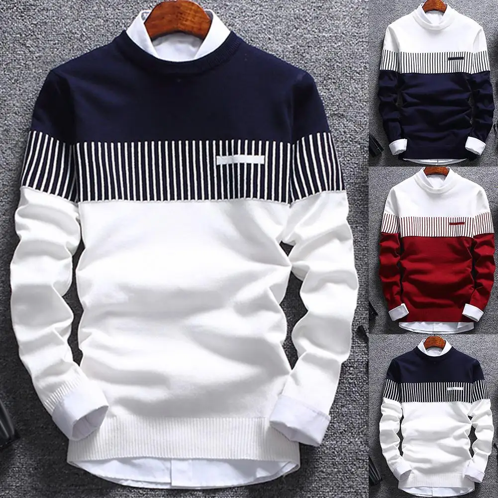 

Striped Sweaters Pullovers Men Long Sleeve Knitted Sweater Homme High Quality Winter O-Neck Korean Style Warm Ployester Coats