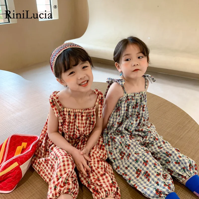 

RiniLucia Summer Baby Kids Rompers Sweet Onepiece Clothes for Girls Sleeveless Floral Plaid Overalls Children Girls Jumpsuits